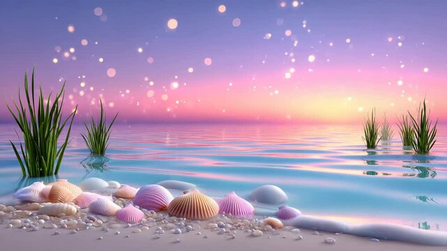 Serene beach scene at sunset with shells and gentle waves.