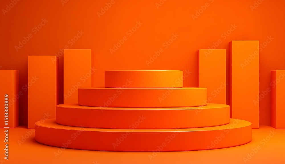 Poster empty orange cube geometric stand and 3d display platform stage in a studio space or on a blank pres