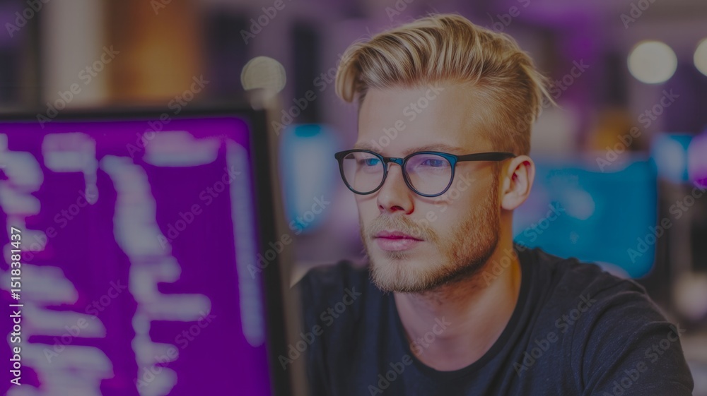 Poster a man wearing glasses is looking at a computer monitor. he is focused on the screen and he is workin