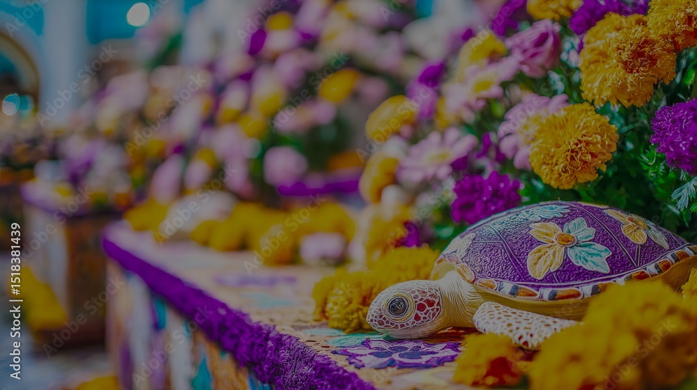 Poster a turtle is sitting on a table with flowers and other decorations. the turtle is surrounded by a var