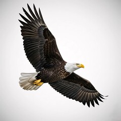 Fototapeta premium Majestic American Bald Eagle in Powerful Flight with Impressive Wingspan Isolated on Pure White Background for Symbolic Design