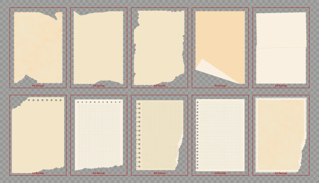 Vintage Textured Paper, A4 Format, note pages, torn paper. Vector Illustration