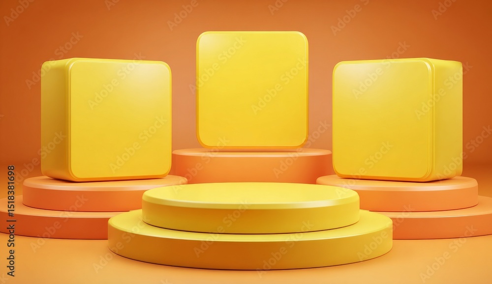 Poster the scene features a yellow podium on a 3d cube stand set on an abstract geometric stage platform or