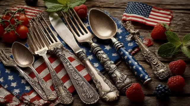 Antique silverware and summer berries on rustic wood