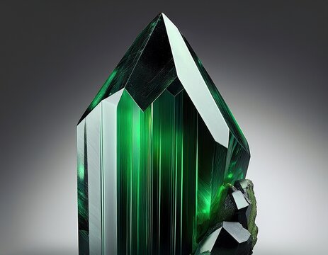 &Auml;girin &ndash; dunkler Kristall mit gr&uuml;ner Farbe und glasartigem Glanz auf neutralem Hintergrund