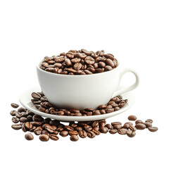 Fototapeta premium cup of coffee beans, ceramic cup brimming with whole coffee beans, isolated on transparent background
