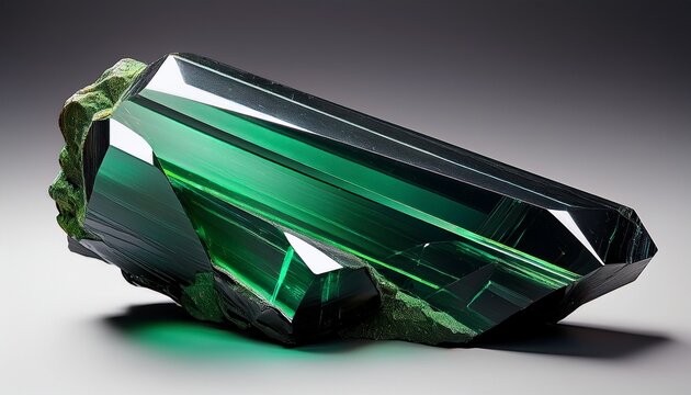 &Auml;girin &ndash; dunkler Kristall mit gr&uuml;ner Farbe und glasartigem Glanz auf neutralem Hintergrund