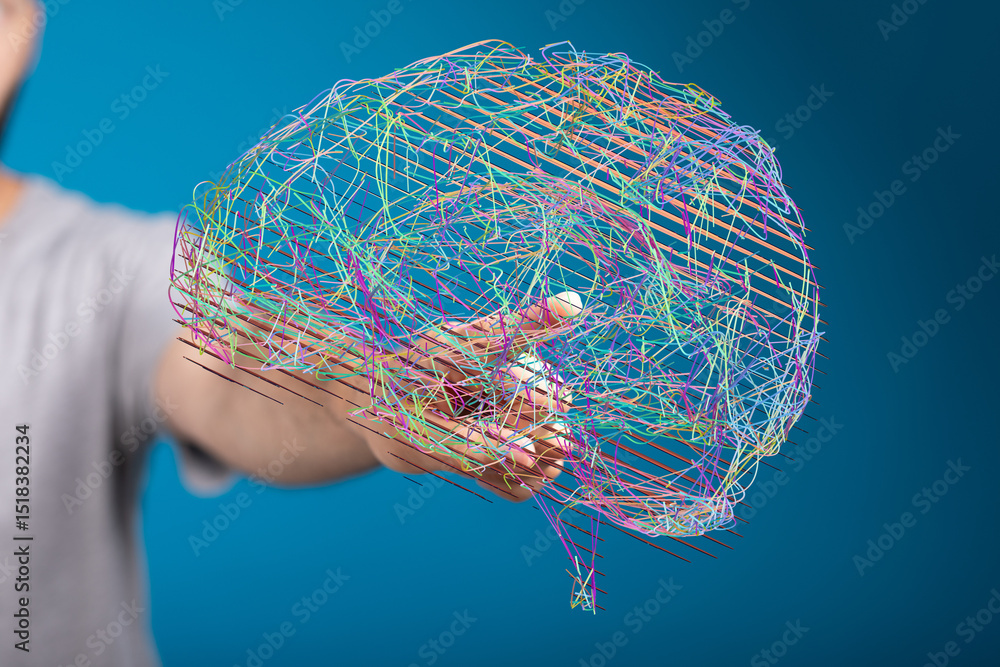 Poster stock photo of a hand interacting with a colorful 3d brain model, representing neural networks and a