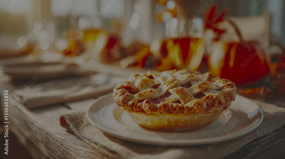 Poster a pie is on a plate on a table. the table is set for a meal. the pie is the main focus of the image
