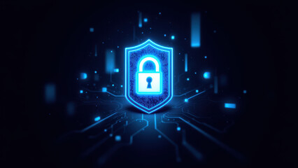"Cybersecurity logo featuring a shield with digital lock symbol and glowing blue background."
