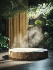 flawless visual of stone round podium with bamboo wall behind steam from a hot spring in the background tropical plants around empty space for a product presentation mockup high detail 8k