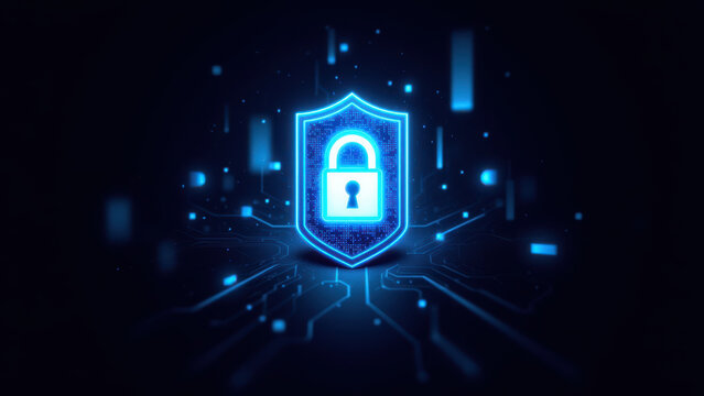 "Cybersecurity logo featuring a shield with digital lock symbol and glowing blue background."