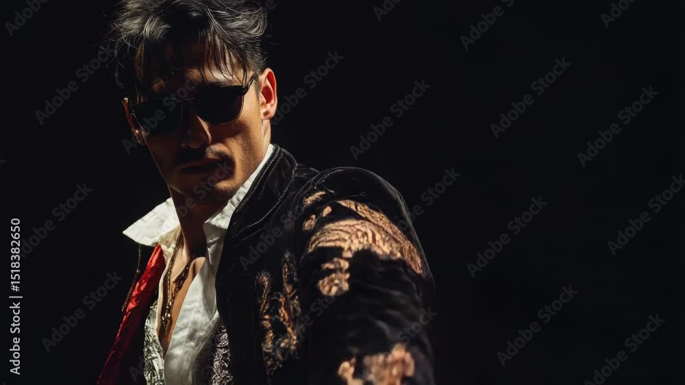 Poster a man in a black jacket and sunglasses pointing at something, great for any occasion where you need 