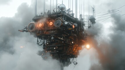 A large machine with energy cables emerged from the thick smoke, background wallpaper AI generated image