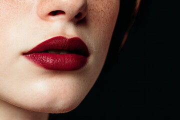 Naklejka premium A closeup shot of a face with a dark red lipstick freckles and smooth skin