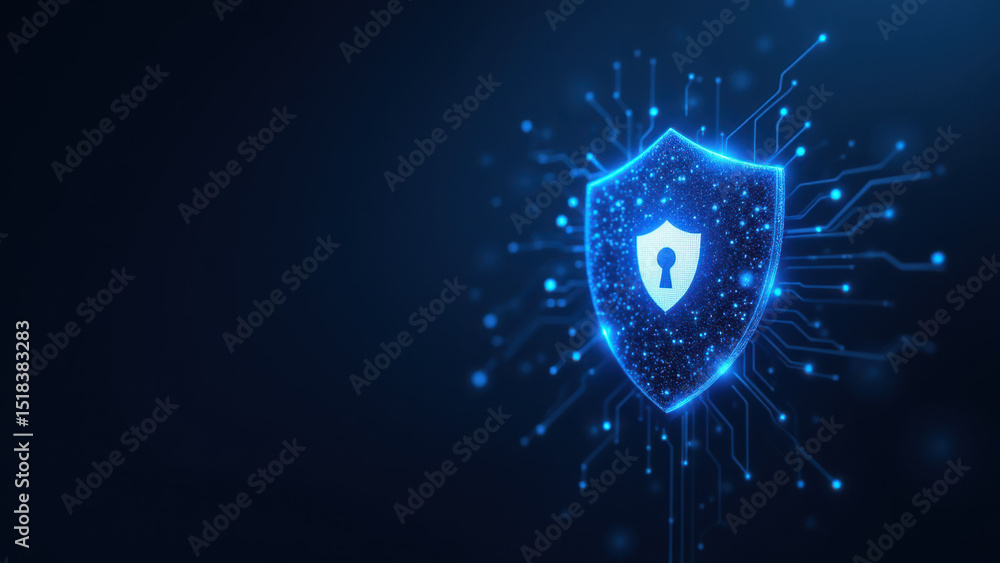 Poster a digital cybersecurity shield with interconnected lines and dots, set against a dark background.