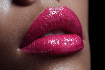 Fototapeta premium A closeup shows full glossy pink lips slightly parted revealing white teeth Skin texture and lip details are visible A dark background contrasts the bright lips