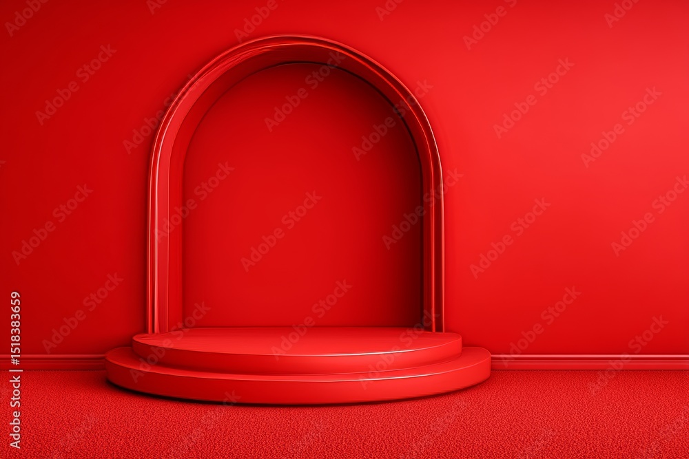 Poster the stage is set with a long red table podium and a 3d background, creating an empty presentation sh