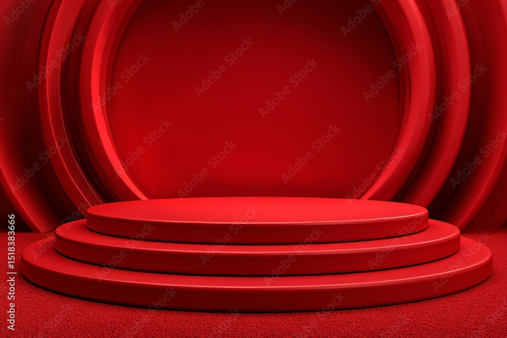 Poster a long red table podium with a 3d background forms a stage featuring an empty presentation, a show t