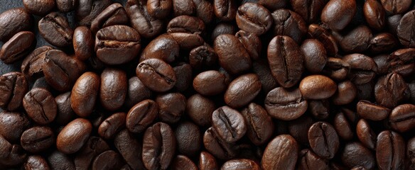 The close-up of roasted coffee beans on a dark surface.