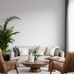 Scandinavian Living Room with Cozy Sofa & Armchair, Light Wood Furniture, Textured Rug, Indoor Plants, Table Decor with Neutral Palette, Copy Space for Design - 3d Rendering
