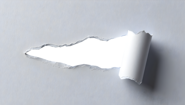 Ripped paper revealing a blank white space perfect for text and creative concepts with tear effect and curled edge design.