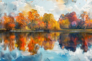 High Resolution Image of Fall Foliage Landscape with Lake and Trees a Scenic Display