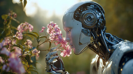 Thoughtful robot with flowers studies blooming bush in delicate interaction between technology and nature. Robot with flowers scene evokes emotion, harmony, and contrast