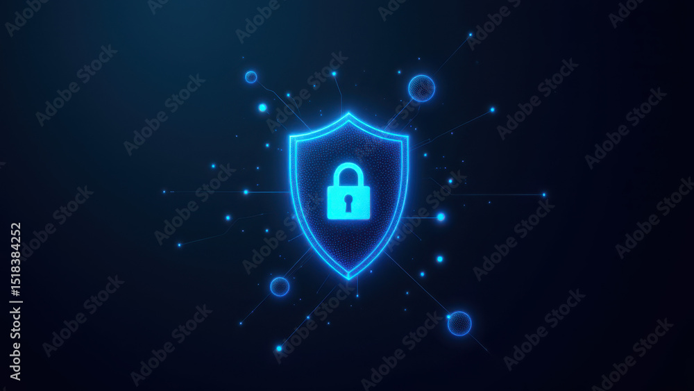Poster a graphic representation of digital protection featuring a shield with a lock on top, emanating blue
