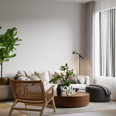 Scandinavian Living Room with Cozy Sofa & Armchair, Light Wood Furniture, Textured Rug, Indoor...