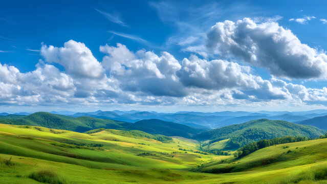 Rolling green hills and distant mountains under a partly cloudy blue summer sky