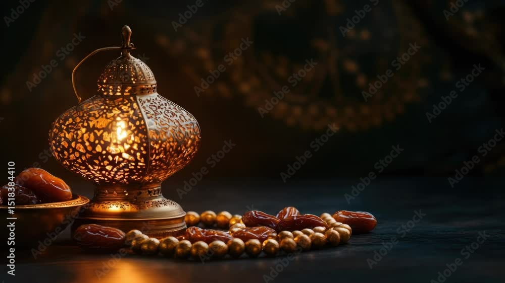Aufkleber a golden lantern sits next to a bowl of dates on a table