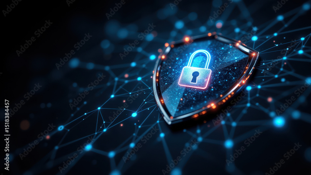 Poster a digital illustration of a lock with circuit-like graphics signifying cyber security.