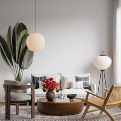 Scandinavian Living Room with Cozy Sofa & Armchair, Light Wood Furniture, Textured Rug, Indoor Plants, Table Decor with Neutral Palette, Copy Space for Design - 3d Rendering
