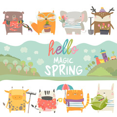 Hand-drawn cute cartoon animal poster templates, interesting children's flat vector illustrations, and cheerful festival backgrounds