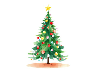 Fototapeta premium Beautifully decorated Christmas tree with colorful ornaments, string lights, and glowing star on top, evoking festive cheer