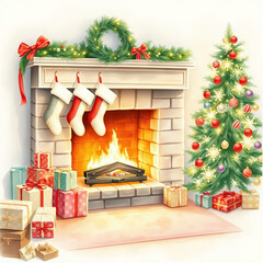 Obraz premium Cozy Christmas scene with decorated fireplace, stockings, lit fire, Christmas tree, and wrapped gifts creating festive