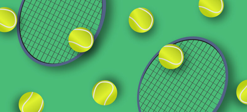 Tennis rackets and balls on green background. Real tennis game, class or match design for banner, advertisement, poster, website, brochure.