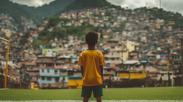 young boy with yellow shirt standing in front of football soccer field in the favelas of Brazil. dreaming of becoming a professional football player