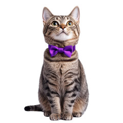 Fototapeta premium Cute cat sits upright wearing a bow tie surrounded, cute cat sits upright, adorned with a bow tie, isolated on transparent background
