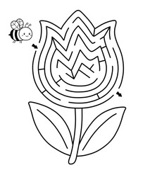 Maze activity sheet for children. Cute maze for kids. Kids labyrinth puzzle. Black and white maze puzzle game for children with cute tulip illustration.	