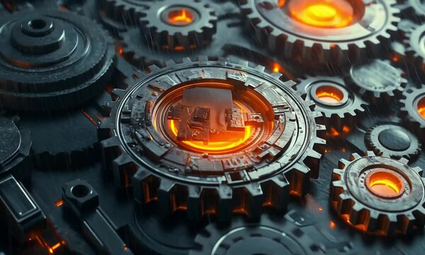 Close-up of mechanical gears and cogs in a dark industrial setting with orange lighting