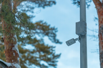a video camera hanging on a pole in the forest among the trees