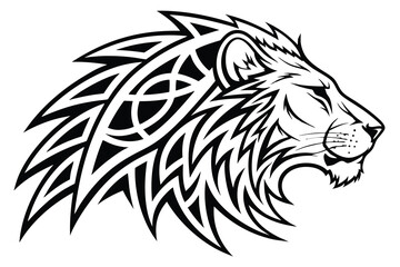 Majestic Lion Head Tribal Tattoo Design Black and White Ink Artwork Perfect for Body Art Inspiration Graphic Design Projects