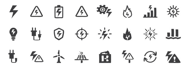Electric power plug icon set. Electricity wire cord socket sign. Electrical symbol element. Vector stock illustration. Electricity icons vector set. Set of green energy thin line icons. 