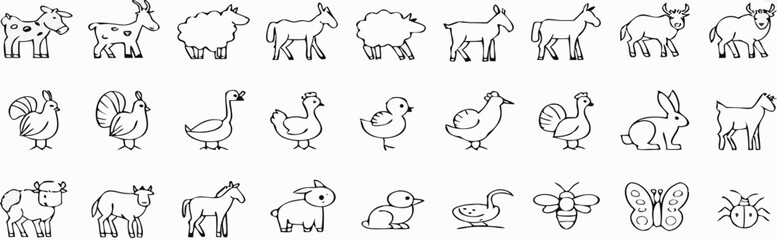 Animals icons collection Thin line animal icons set Vector. Pet outline icon set. care, veterinary, vet, healthcare. Outline icon collection. Linear animals symbols. Editable stroke. Vector.