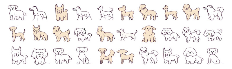 Monochrome Abstract Dog Breeds Illustration – Flat Graphic Icon Set Featuring Stylized Canines in Modern Grid Layout.