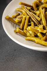 Green beans canned vegetables green string beans fresh delicious gourmet food background on the table rustic food top view copy space keto and paleo diet vegan and vegetarian food