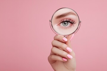 A hand holds a round mirror reflecting an eye with long lashes against a pink background