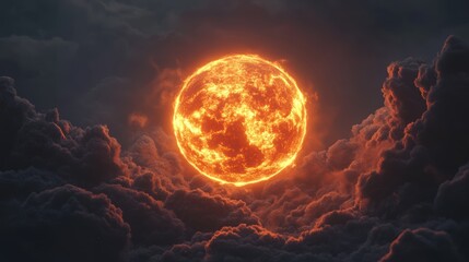Fiery Celestial Orb Emerging from Storm Clouds